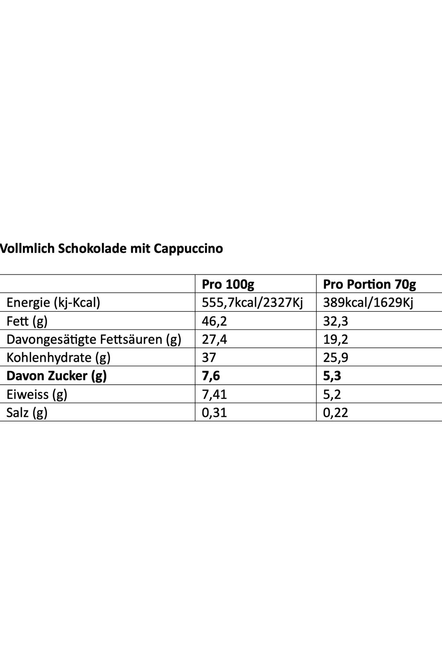 Cappuccino Vollmilchschokolade, ohne Zuckerzusatz. 43% Kakaoanteil. Bean-to-Bar