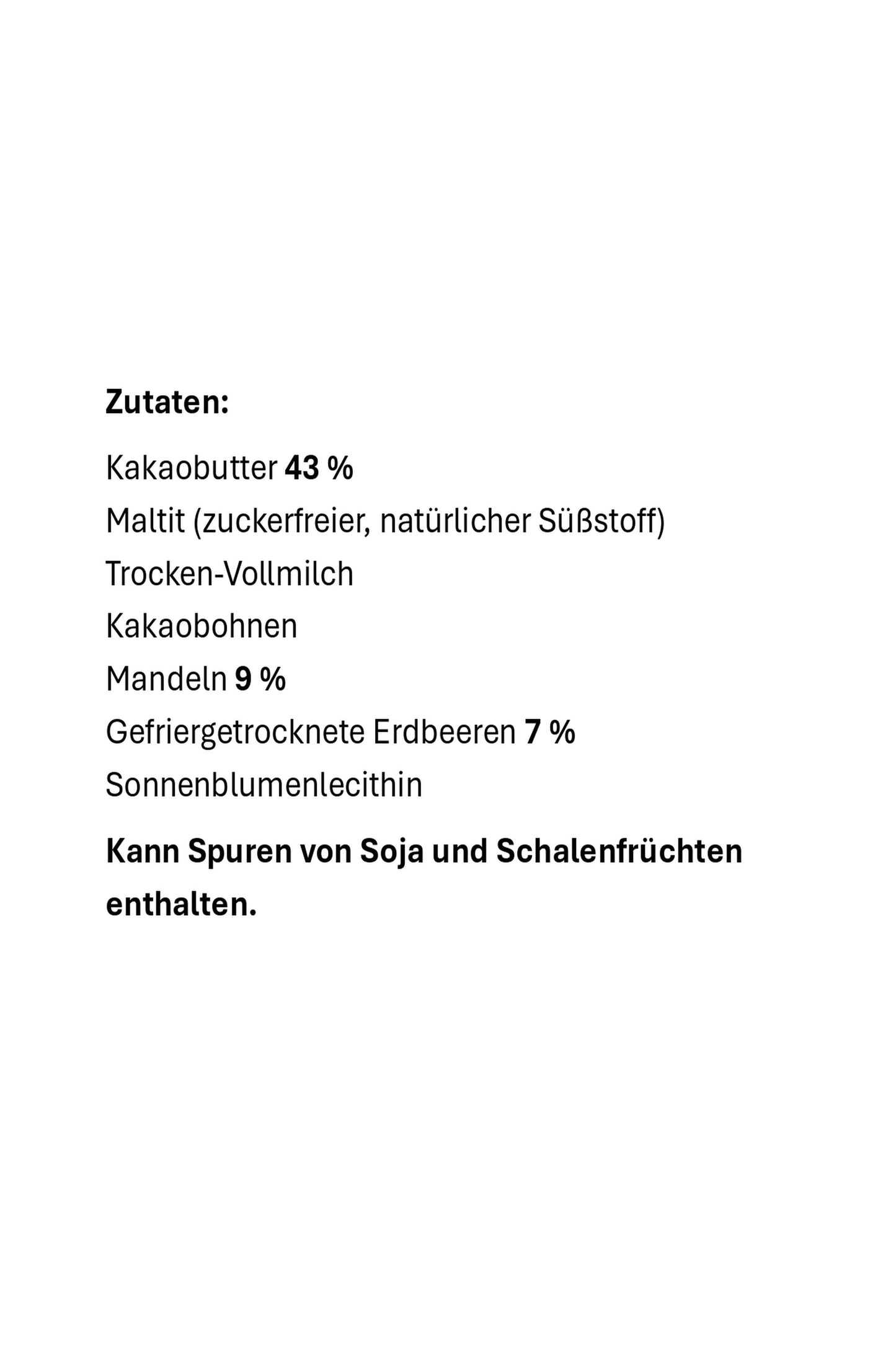 Erdbeer & Mandel Vollmilchschokolade, ohne Zuckerzusatz. 43% Kakaoanteil. Bean-to-Bar