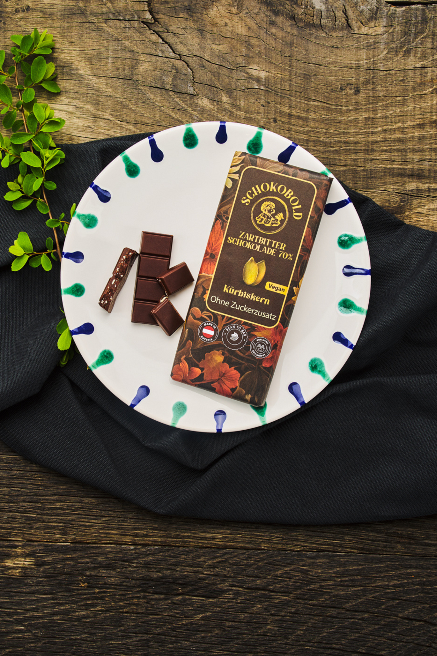 Bean-to-Bar.  Dark chocolate with pumpkin seed , with no added sugar. 70% cocoa content. Vegan