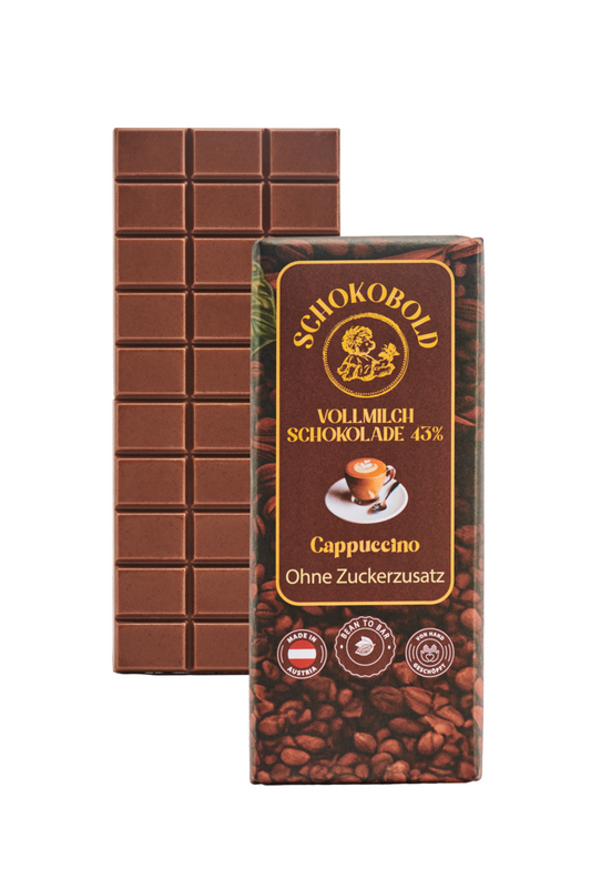 Vollmlichschokolade mit Cappuccinogeschmack. 43% Kakaoanteil. Ohne Zuckerzusatz. 70g Schokoladentafel