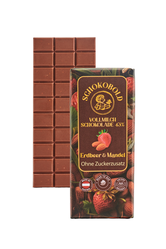 Vollmlichschokolade mit Erdbeere und Mandel mit 43% Kakaoanteil. Ohne Zuckerzusatz. 70g Schokoladentafel