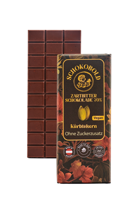 Zartbitter Schokolade mit Kürbiskernen. 70% Kakaoanteil, ohne Zuckerzusatz. 70g Schokoladen Tafel. Vegan