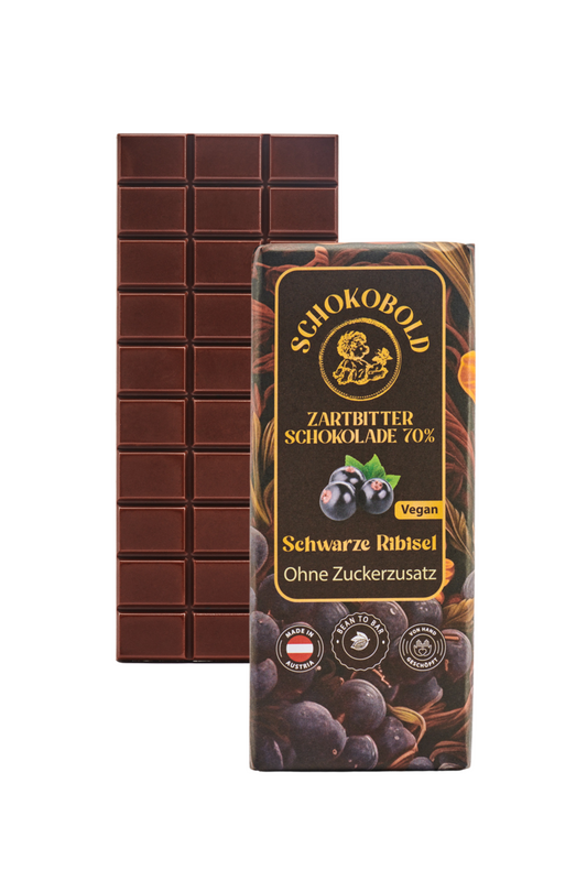 Zartbitter Schokolade mit Schwarzer Ribisel. Ohne Zuckerzusatz. 70% Kakaoanteil. 70g Schokoladentafel. Vegan